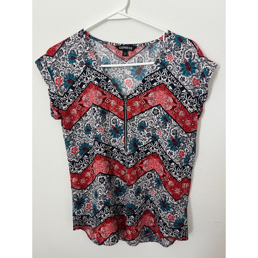 Express Blouse Top Womens XS‎ Multicolor Floral Chevron Print V Neck Zip Front